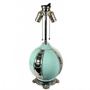 Birks Art Deco Ceramic Lamp Celadon with Chrome-Color Decoration Double Socket